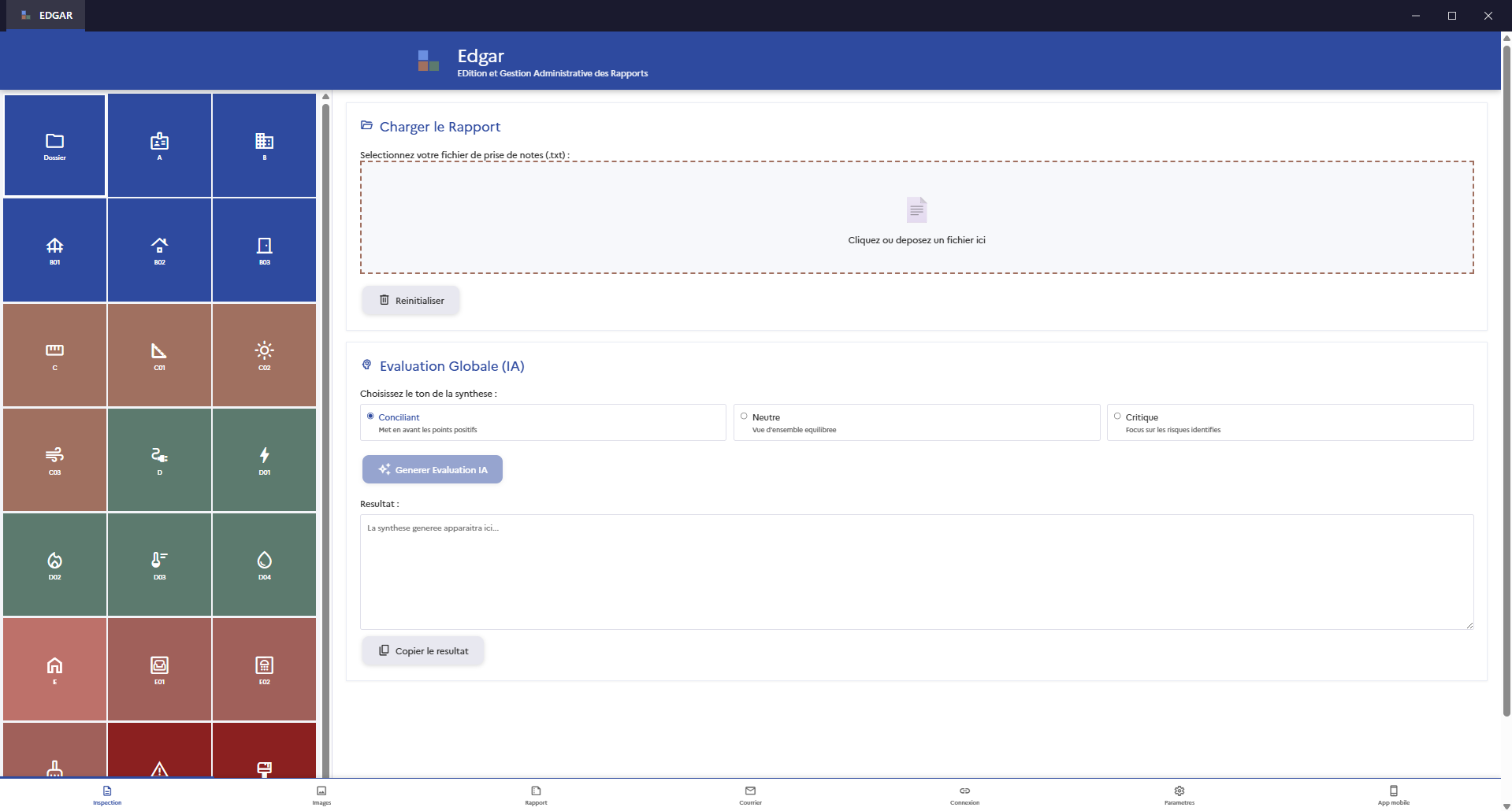 EDGAR PC — ecran d'inspection avec grilles HAI et evaluation IA